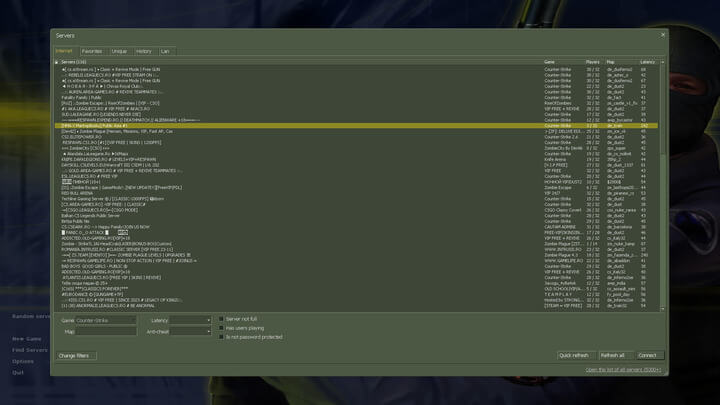 Servers available for online game CS 1.6
